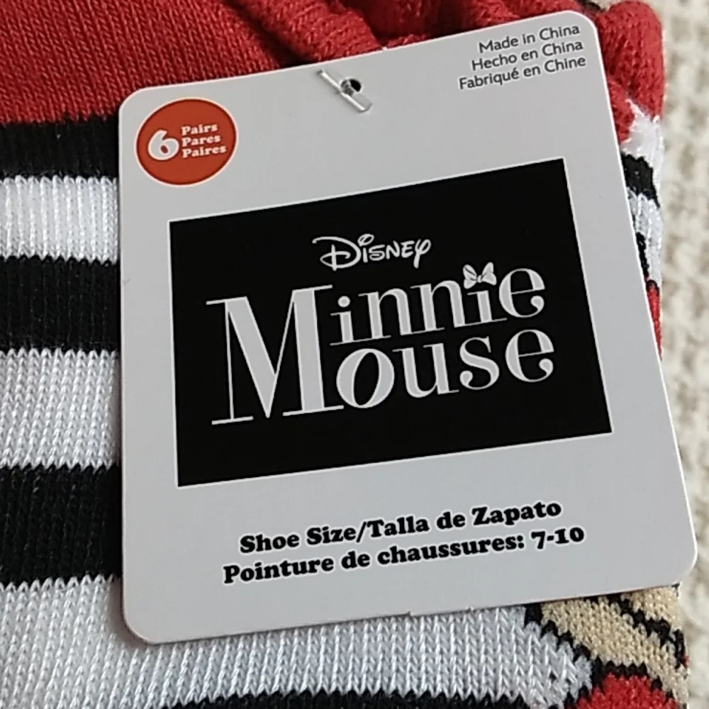 Disney Minnie Mouse 6 pairs of socks size 7 - 10 Red, Black, Gray & White